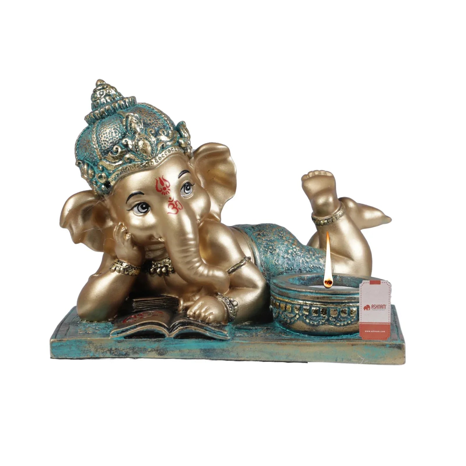Diverse Expression Reading Ganesha Idol With Tlight 28cm in Grey Gold - HomeTown