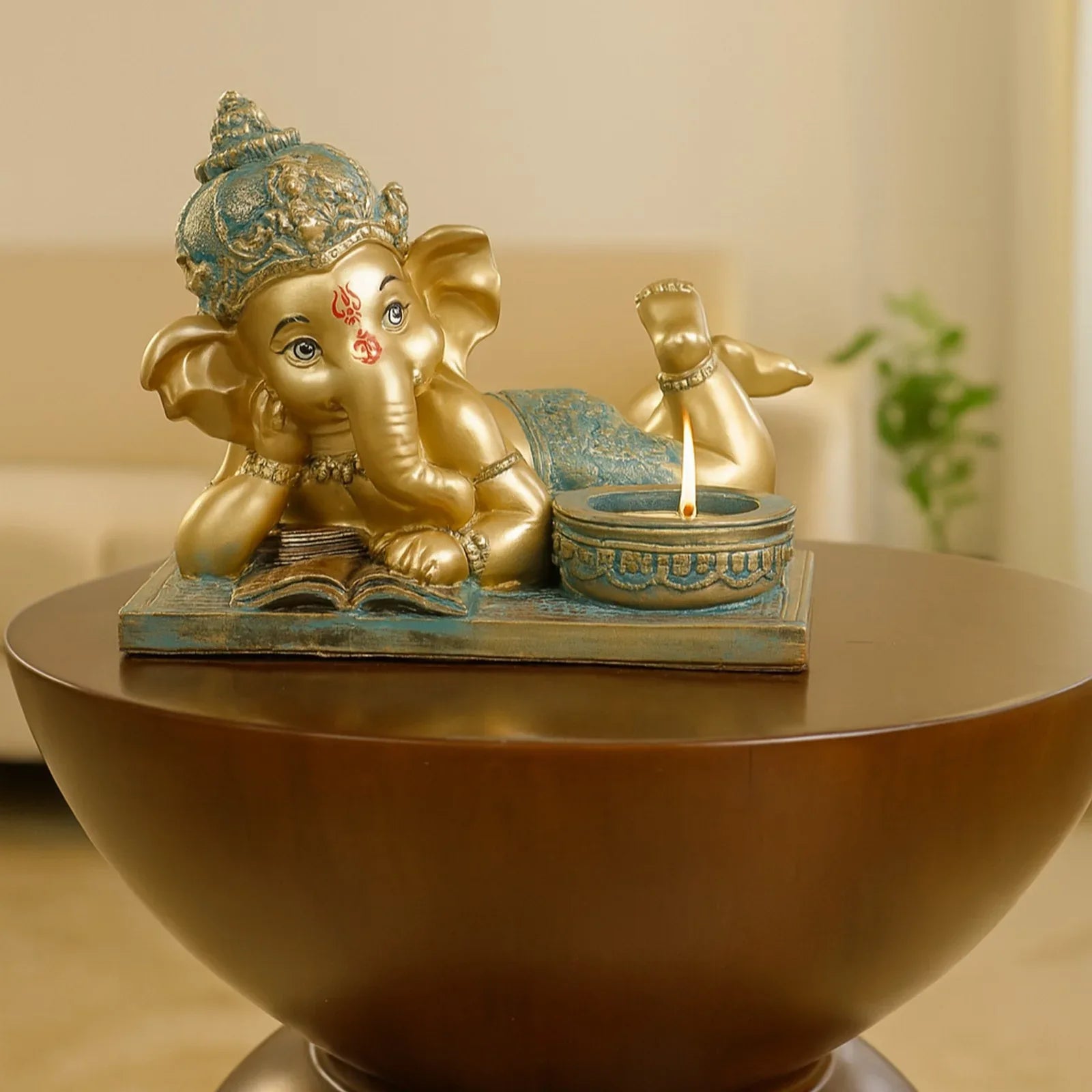 Diverse Expression Reading Ganesha Idol With Tlight 28cm in Grey Gold - HomeTown