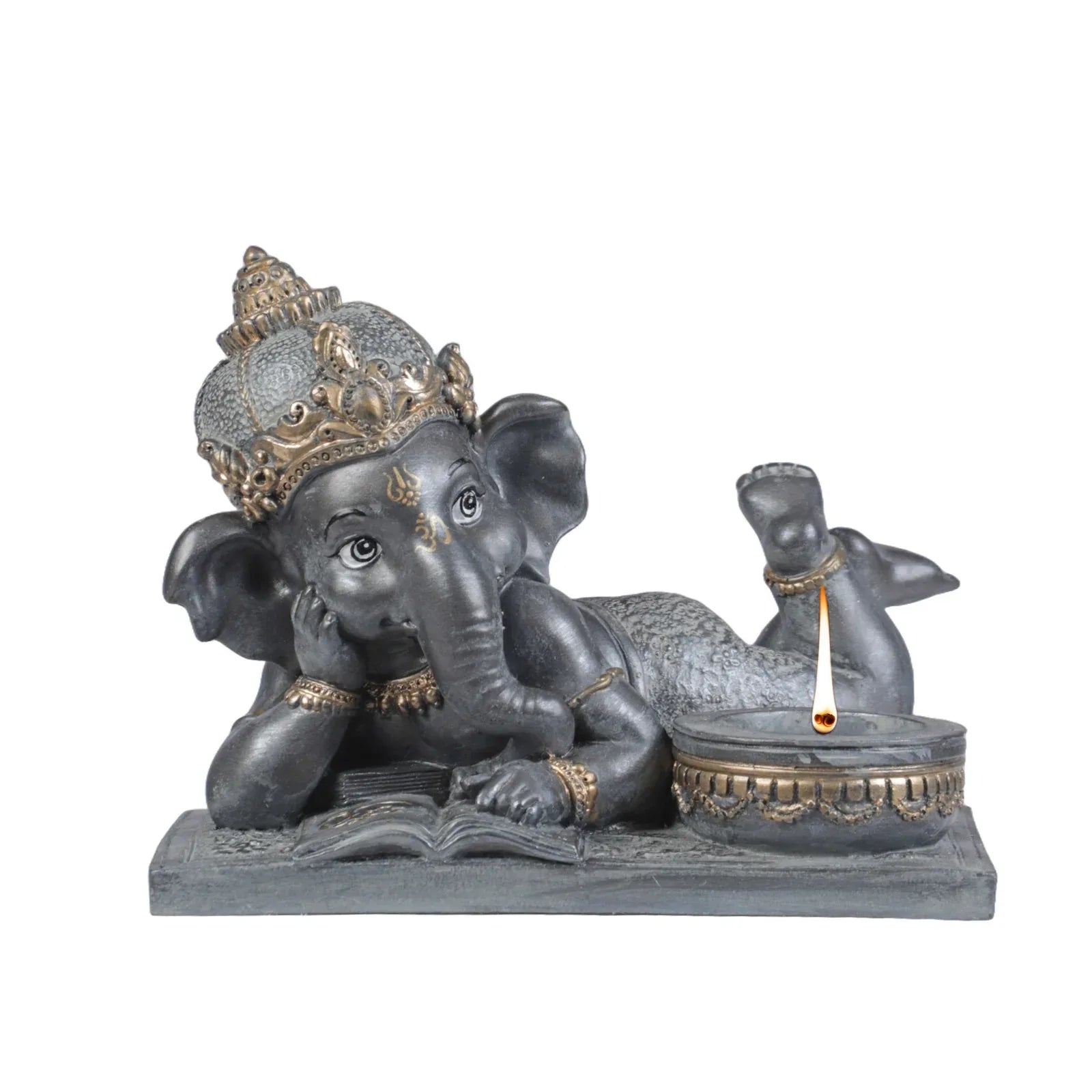Diverse expression Reading Ganesha Idol With Tlight 28cm in Black Grey - HomeTown