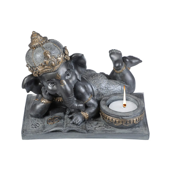 Diverse expression Reading Ganesha Idol With Tlight 28cm in Black Grey dimensions