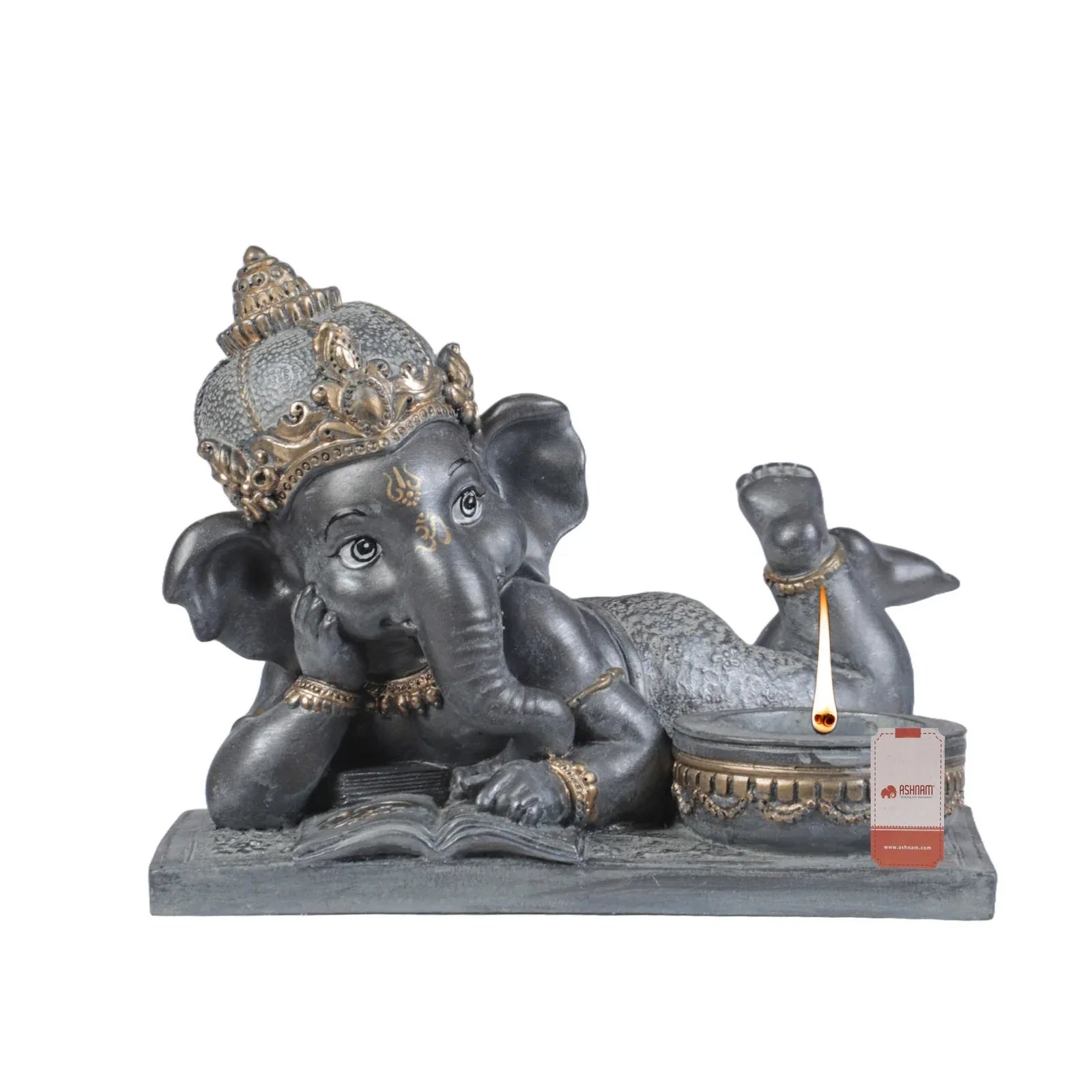 Diverse expression Reading Ganesha Idol With Tlight 28cm in Black Grey - HomeTown