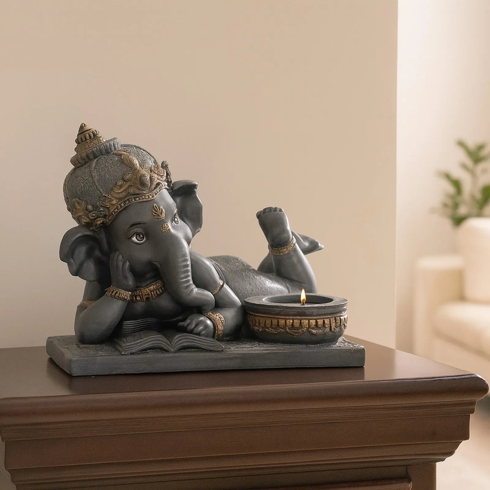 Diverse expression Reading Ganesha Idol With Tlight 28cm in Black Grey - HomeTown