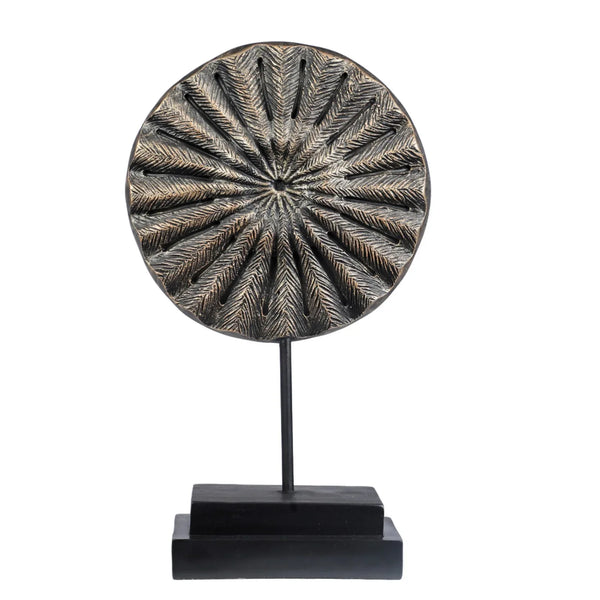 Calista Table Accent Small Disc Sculpture on Stand 35cm in Black Gold dimensions