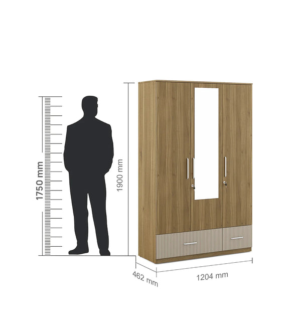 Diago 3 Door Wardrobe in Natural Teak Color dimensions