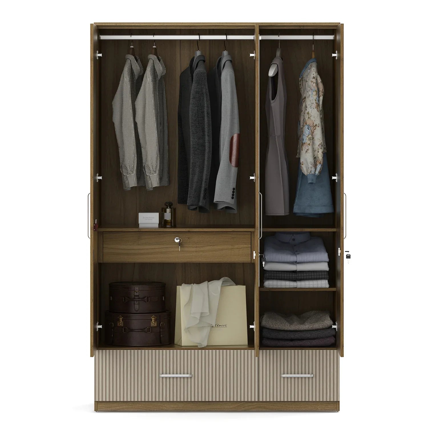 Diago Three Door Wardrobe In Natural Teak Color - HomeTown