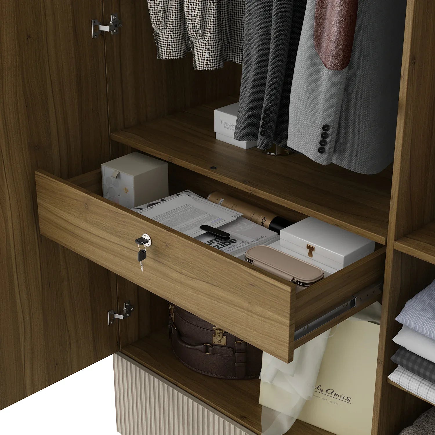 Diago Three Door Wardrobe In Natural Teak Color - HomeTown