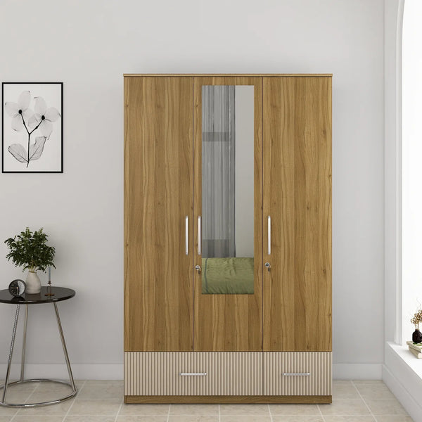 Diago Three Door Wardrobe In Natural Teak Color dimensions