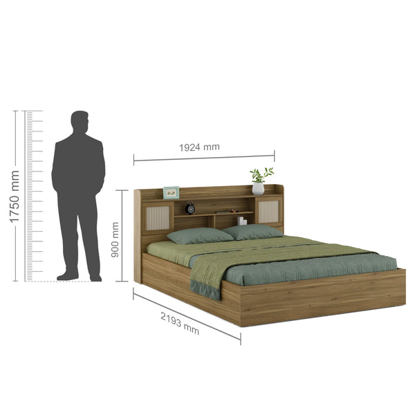 Diago King Bed with Box Storage in Natural Teak Color dimensions