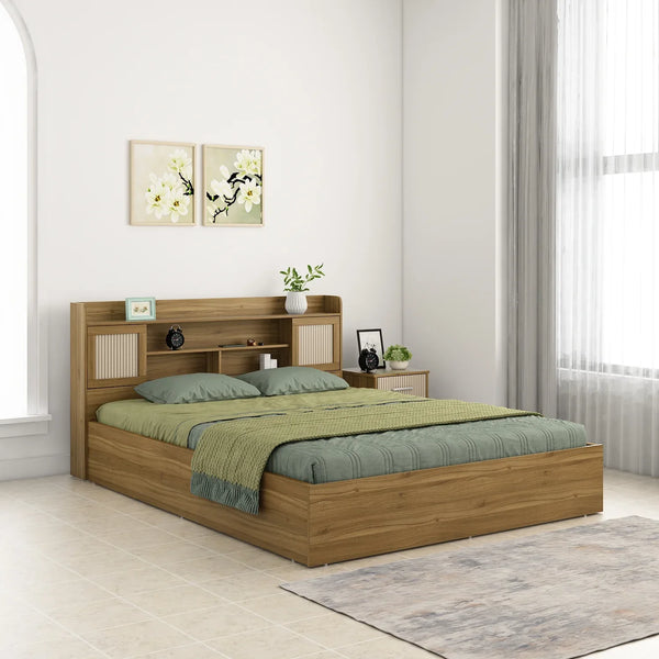Diago Queen Bed With Box Storage In Natural Teak Color dimensions
