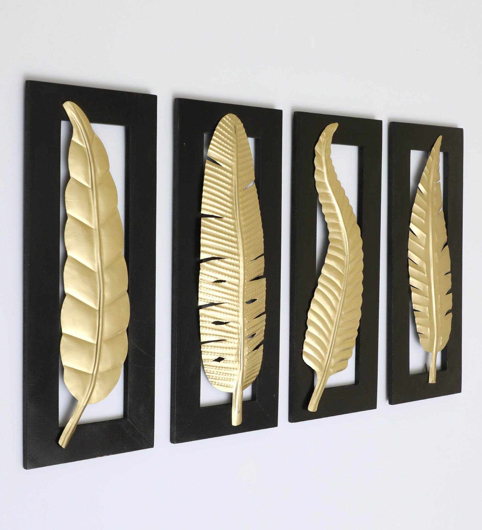 Vedas Vantara Leaf Set of 4 Metal Wall Art Iron Wall Hanging Home Decoration Perfect for Living Room/Hotel/Restaurant/Bedroom/Drawing Room (Color : Gold and Black) (Size: 8 X 20 INCH) Set of 4