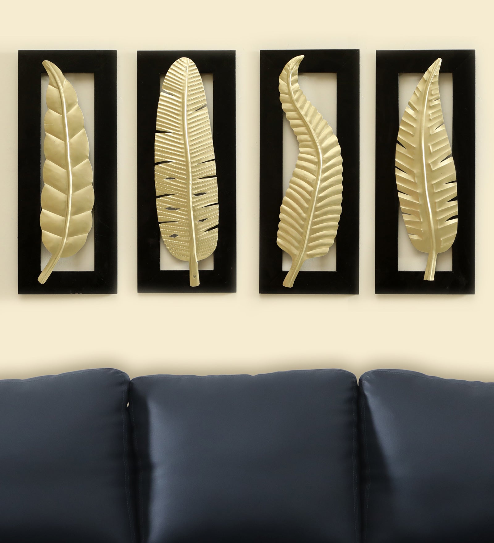 Vedas Vantara Leaf Set of 4 Metal Wall Art Iron Wall Hanging Home Decoration Perfect for Living Room/Hotel/Restaurant/Bedroom/Drawing Room (Color : Gold and Black) (Size: 8 X 20 INCH) Set of 4