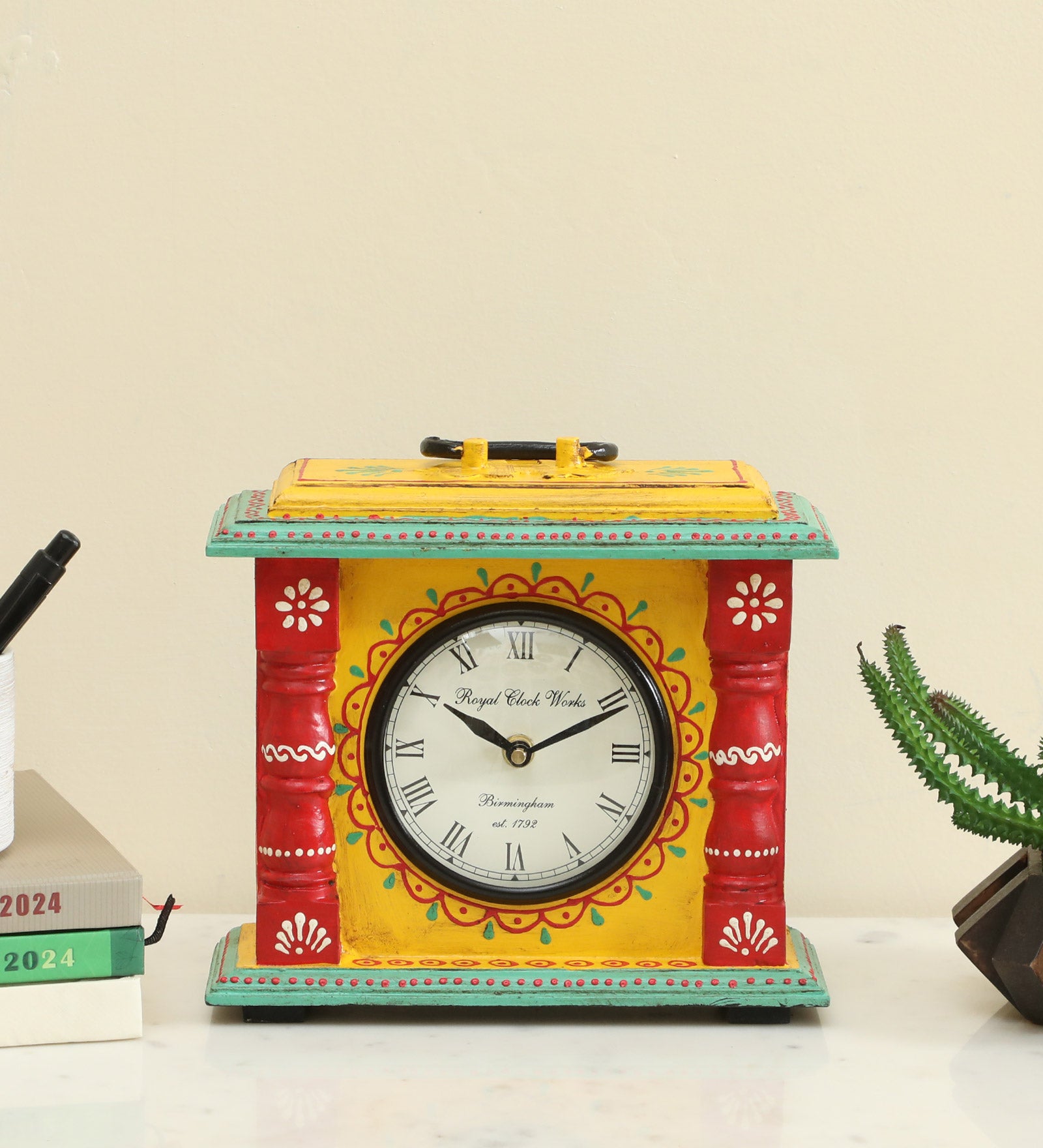 Vedas Kyoto Hand Painted Silent Non Ticking Small Clock Battery Operated, Simply Design, for Bedroon, Bedside, Desk (Battery not Included)