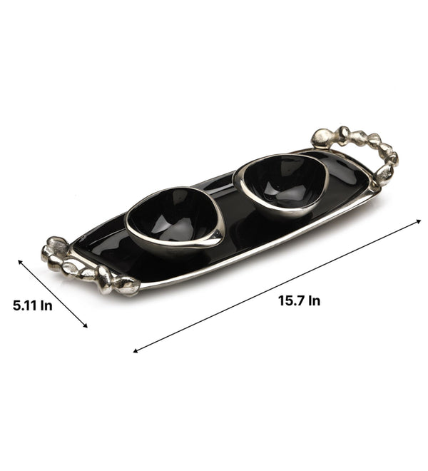 De Massion Stones Serving Ware Jet Black Enamle - Tray & Bowls Set Silver dimensions