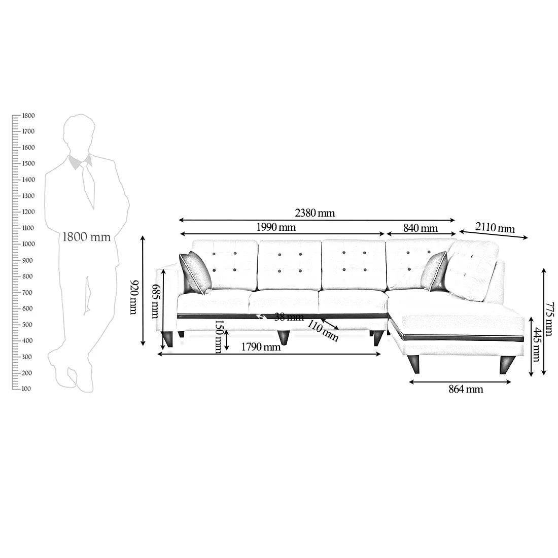 Garcia Fabric 3 Seater Sofa With Left Hand Side Lounger - HomeTown