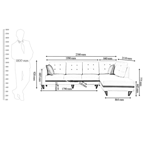 Garcia 5 Seater LHS L Shape Sofa Set in Beige Polyester Fabric dimensions