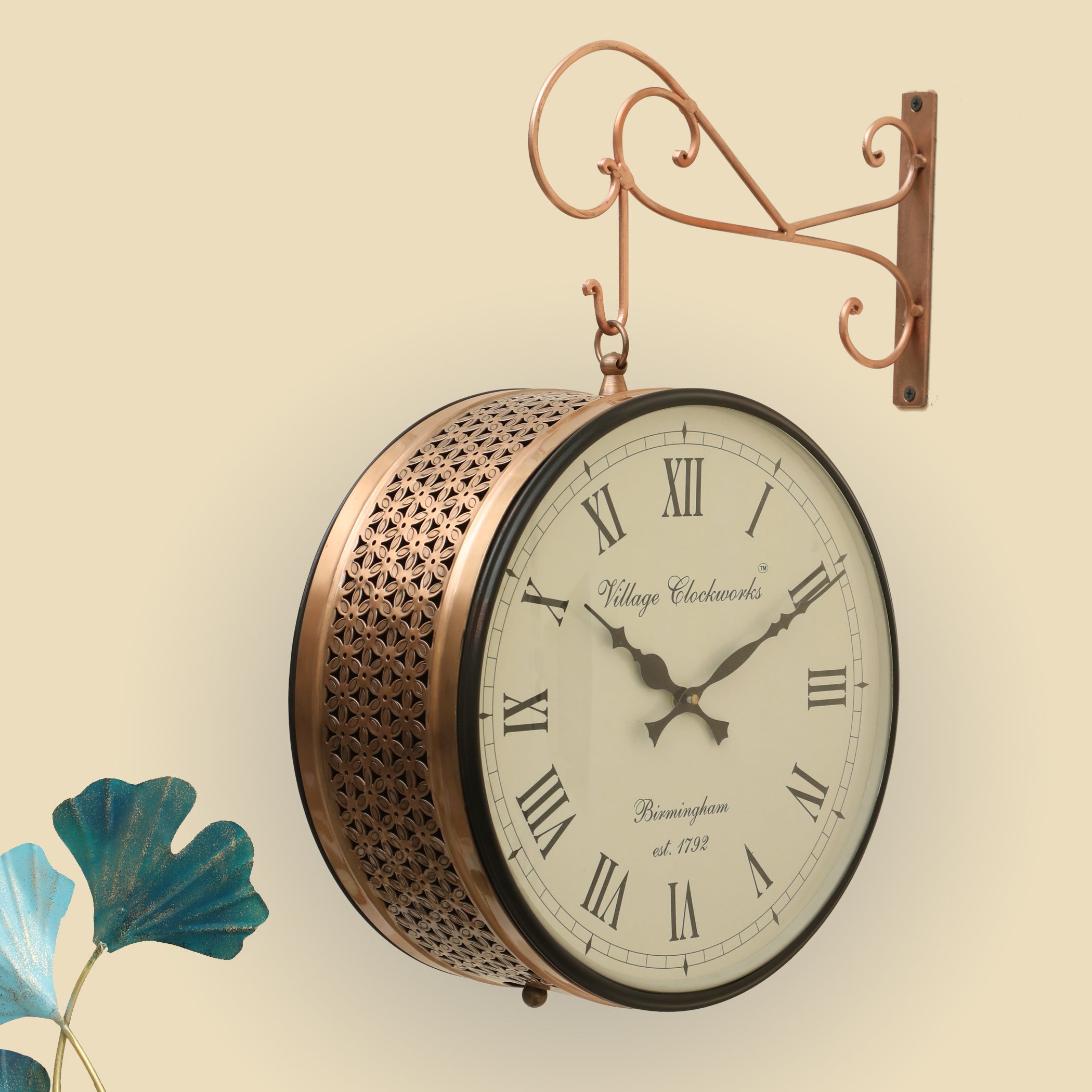 Vedas Anvi Metal Vintage Double Sided Analog Wall Clock | Railway Station Antique Decorative Clock with Copper Finishing for Home, Office, Gym, Classroom (Color: Copper) (10 - Inch)