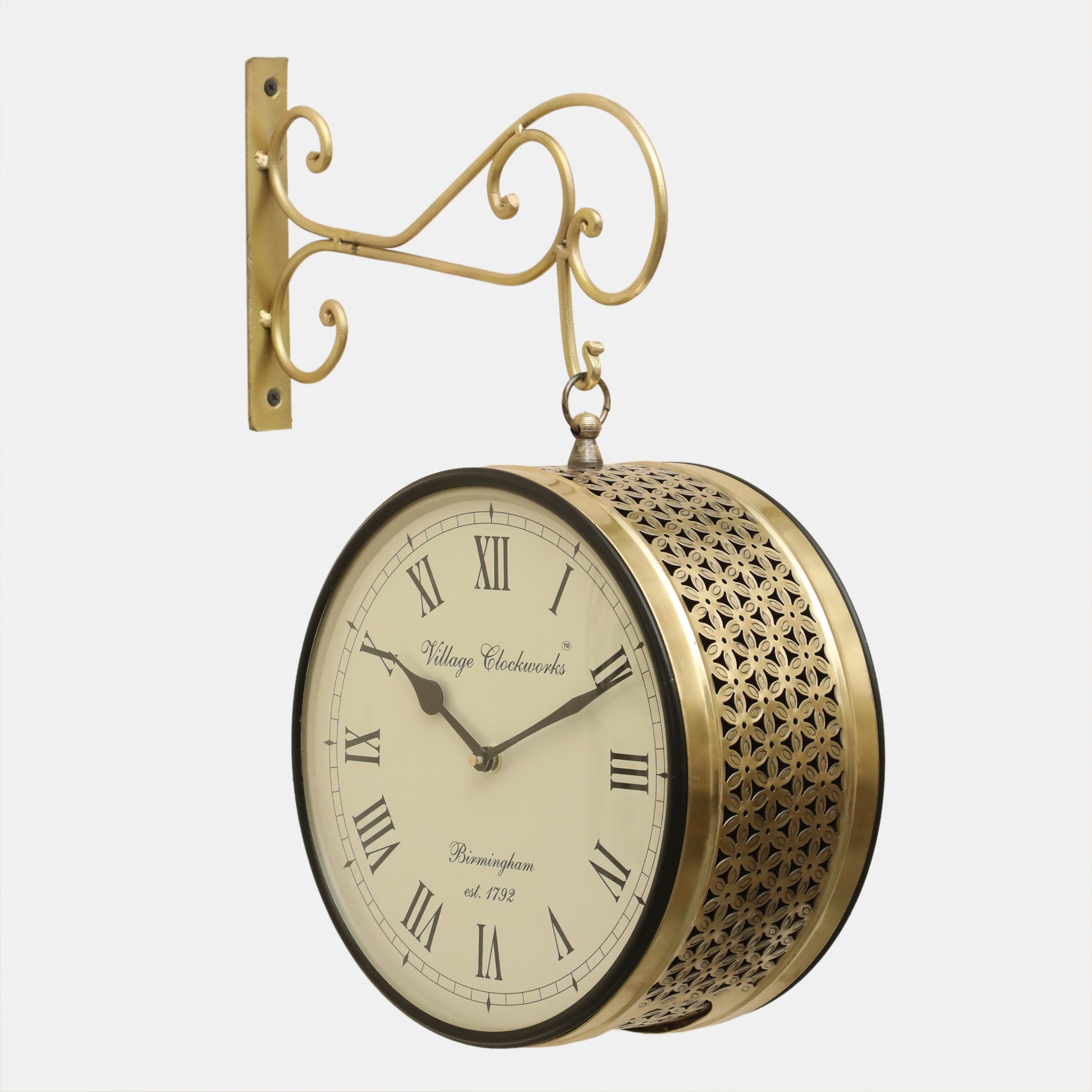 Vedas Anvi Metal Vintage Double Sided Analog Wall Clock | Railway Station Antique Decorative Clock with Golden Finishing for Home, Office, Gym, Classroom (Color: Golden) (12 - Inch)