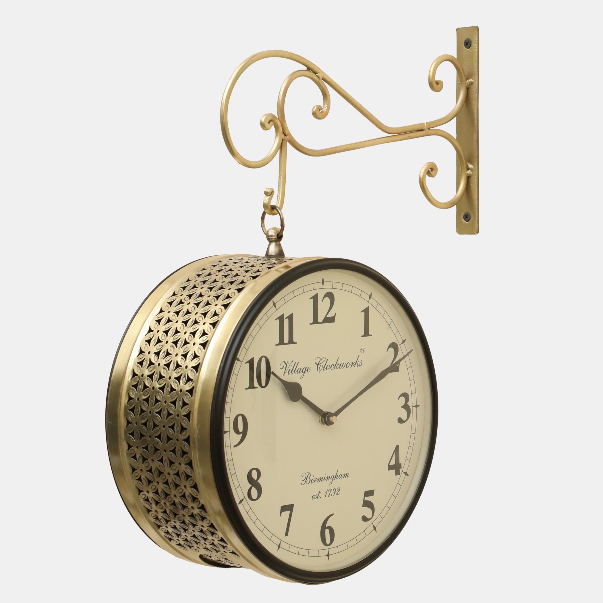 Vedas Anvi Metal Vintage Double Sided Analog Wall Clock | Railway Station Antique Decorative Clock with Golden Finishing for Home, Office, Gym, Classroom (Color: Golden) (12 - Inch)