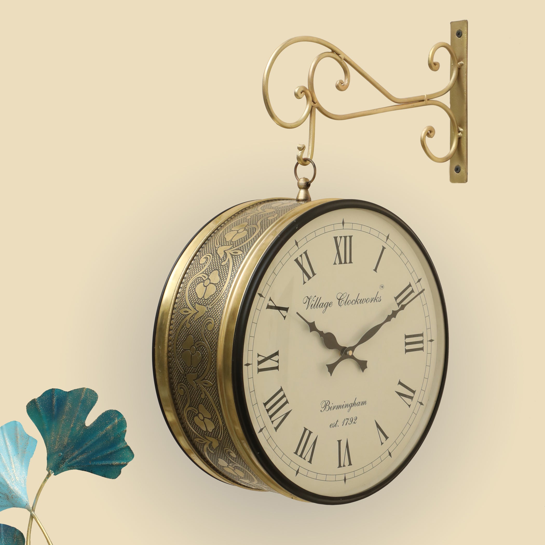 Vedas Rutvi Metal Vintage Double Sided Analog Wall Clock | Railway Station (Color: Golden) (8 - Inch)
