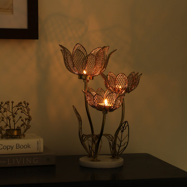 Lotus triple-T-light candle stand with Marble base dimensions
