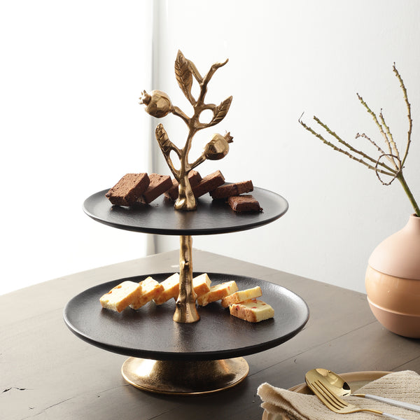 Pomegranate Metal Two layer cake stand in Gold Black dimensions
