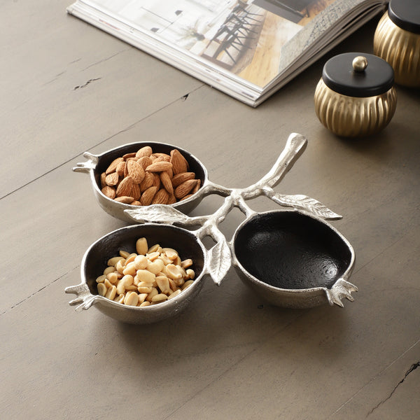 Pomegranate Metal three Leaf Platter in Silver Black dimensions
