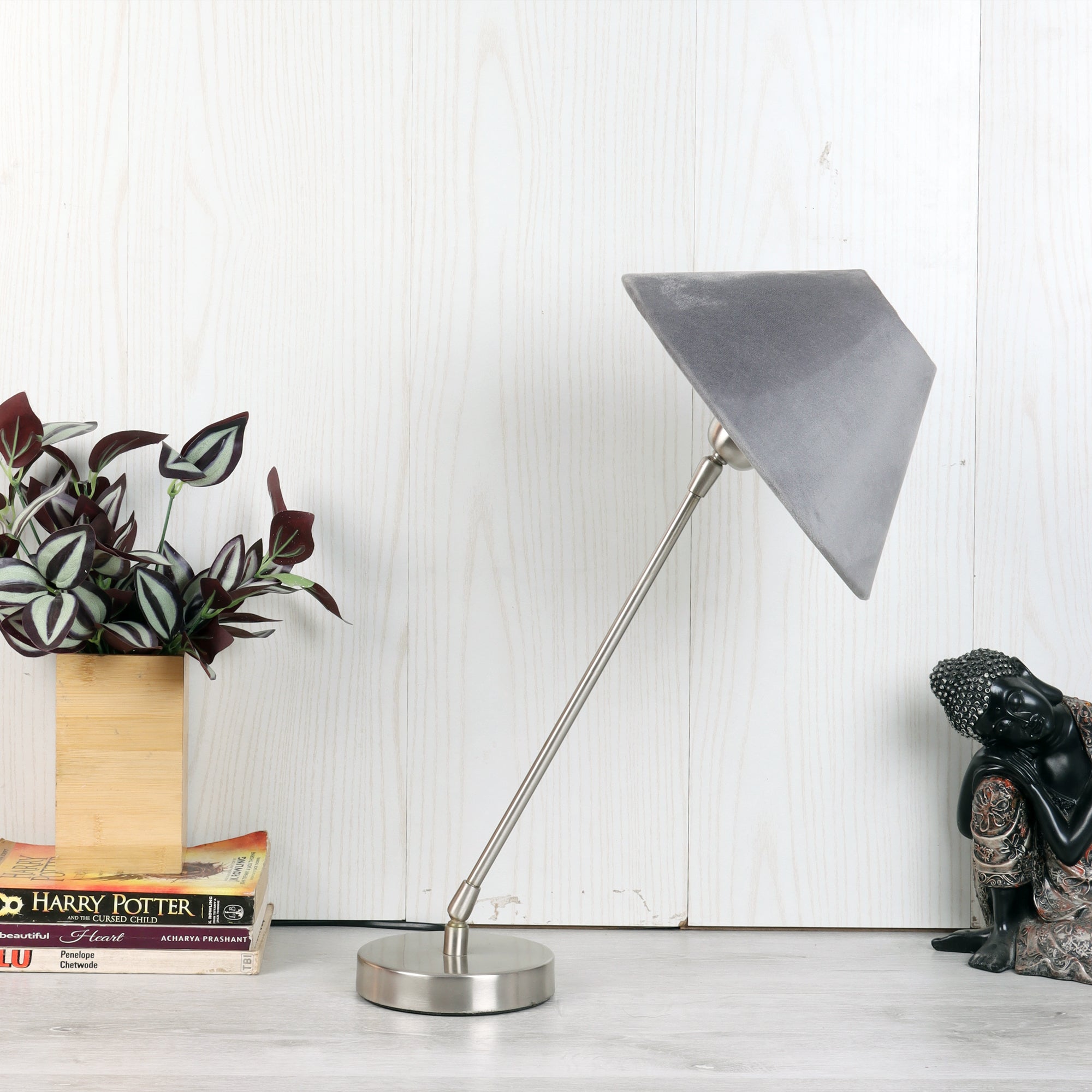 The "Small Silver MJ Lamp" with Grey velvet shade