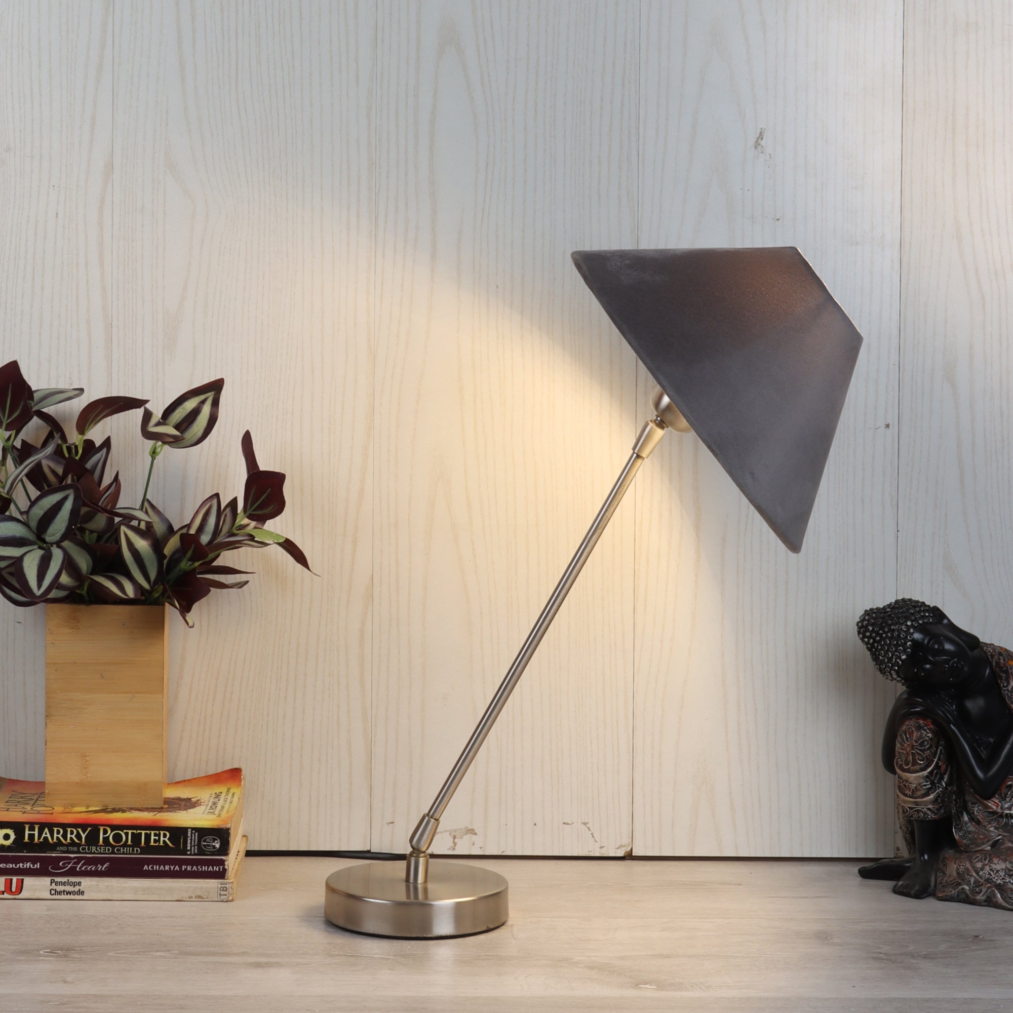The "Small Silver MJ Lamp" with Grey velvet shade