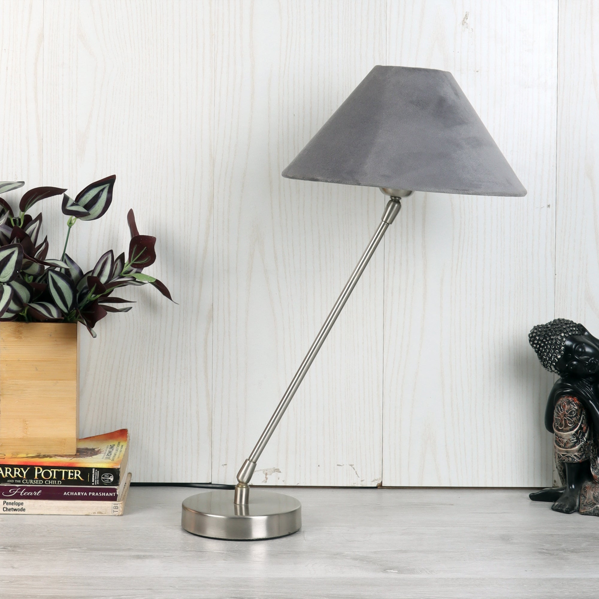 The "Small Silver MJ Lamp" with Grey velvet shade