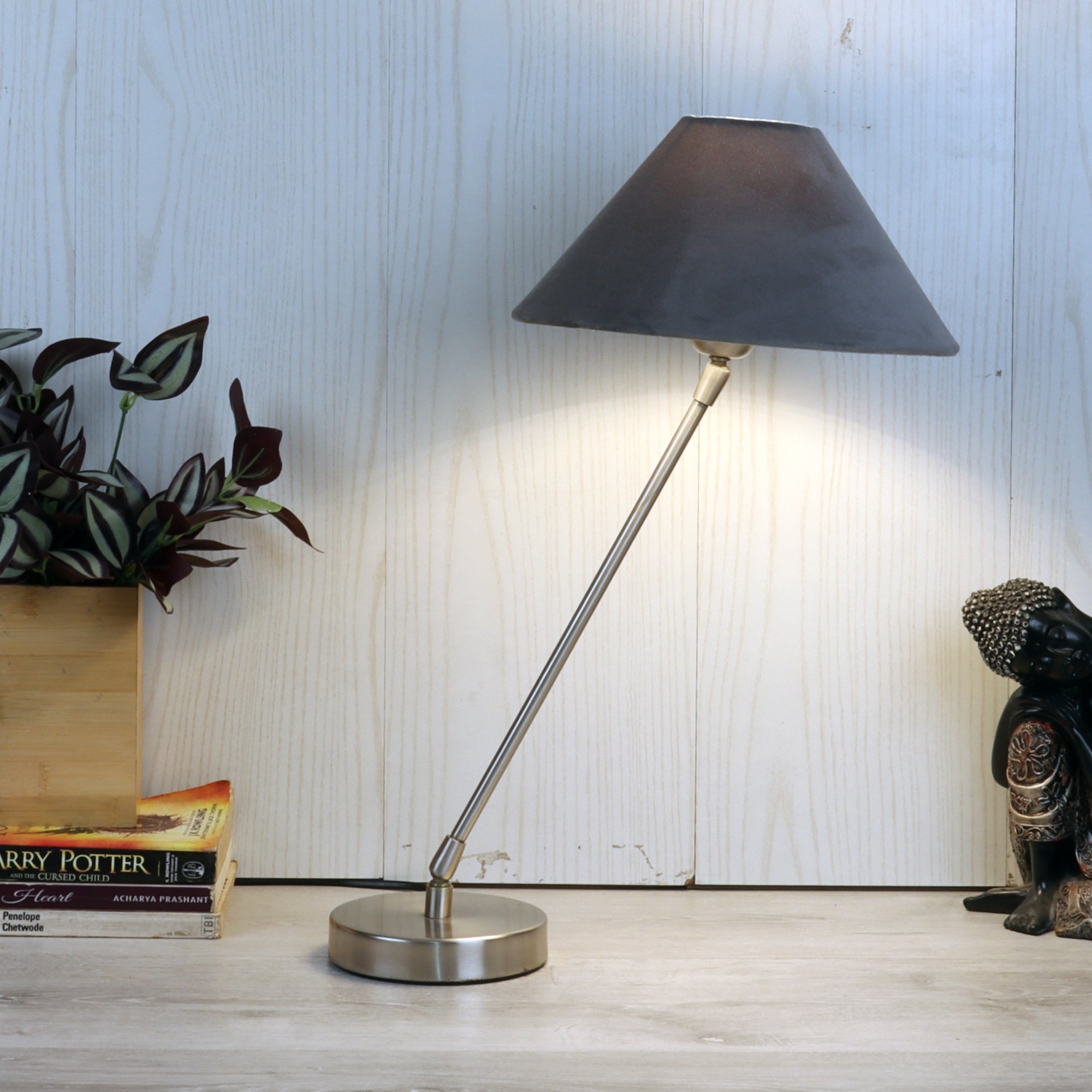 The "Small Silver MJ Lamp" with Grey velvet shade