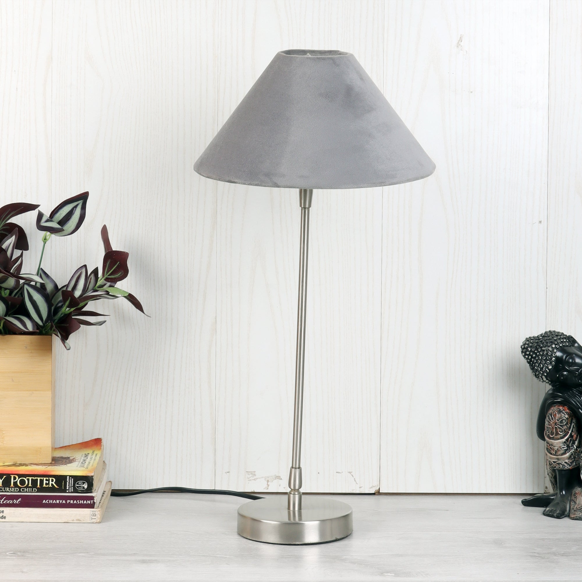 The "Small Silver MJ Lamp" with Grey velvet shade