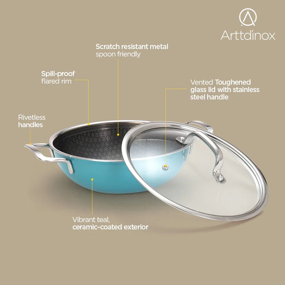 Vida Triply Kadhai 24cm Teal with Glass Lid - HomeTown