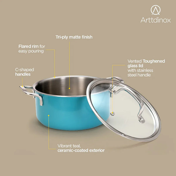 Vida Triply Pot 3 Litre Teal with Glass Lid dimensions