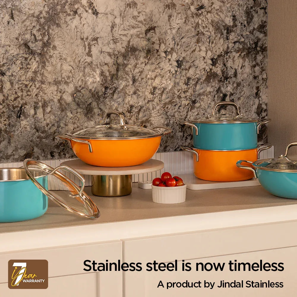 Vida Triply Kadhai 24cm Teal with Glass Lid - HomeTown