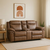 Liora 2 Seater Fabric Recliner Sofa with Console in Brown Colour