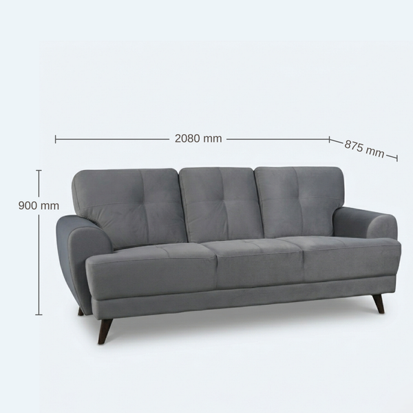 Riga Lyra 3 Seater Sofa in Grey Velvet Upholstery Fabric dimensions