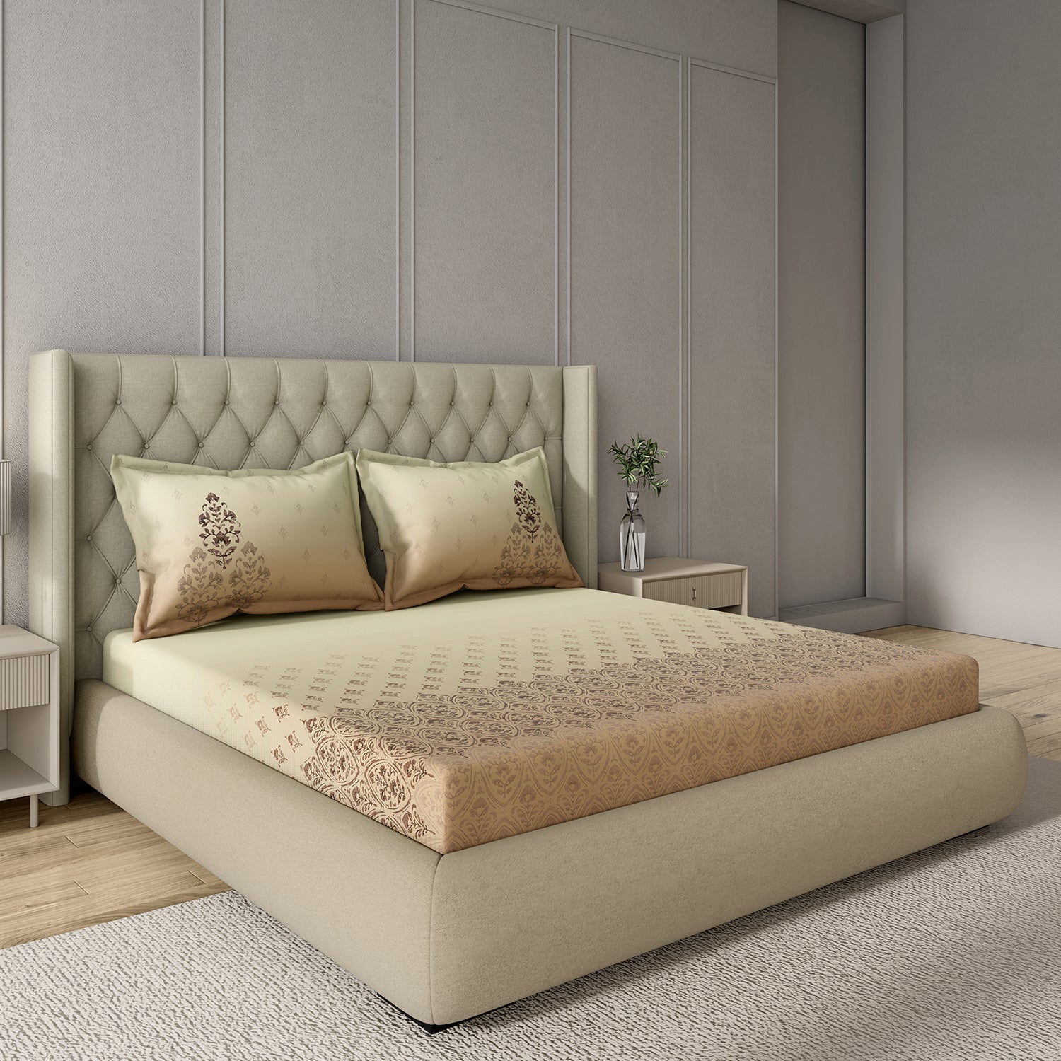 GM 100% Cotton Beige Brown Digital Printed 122TC King Size Bedsheet | 274 x 274 cm