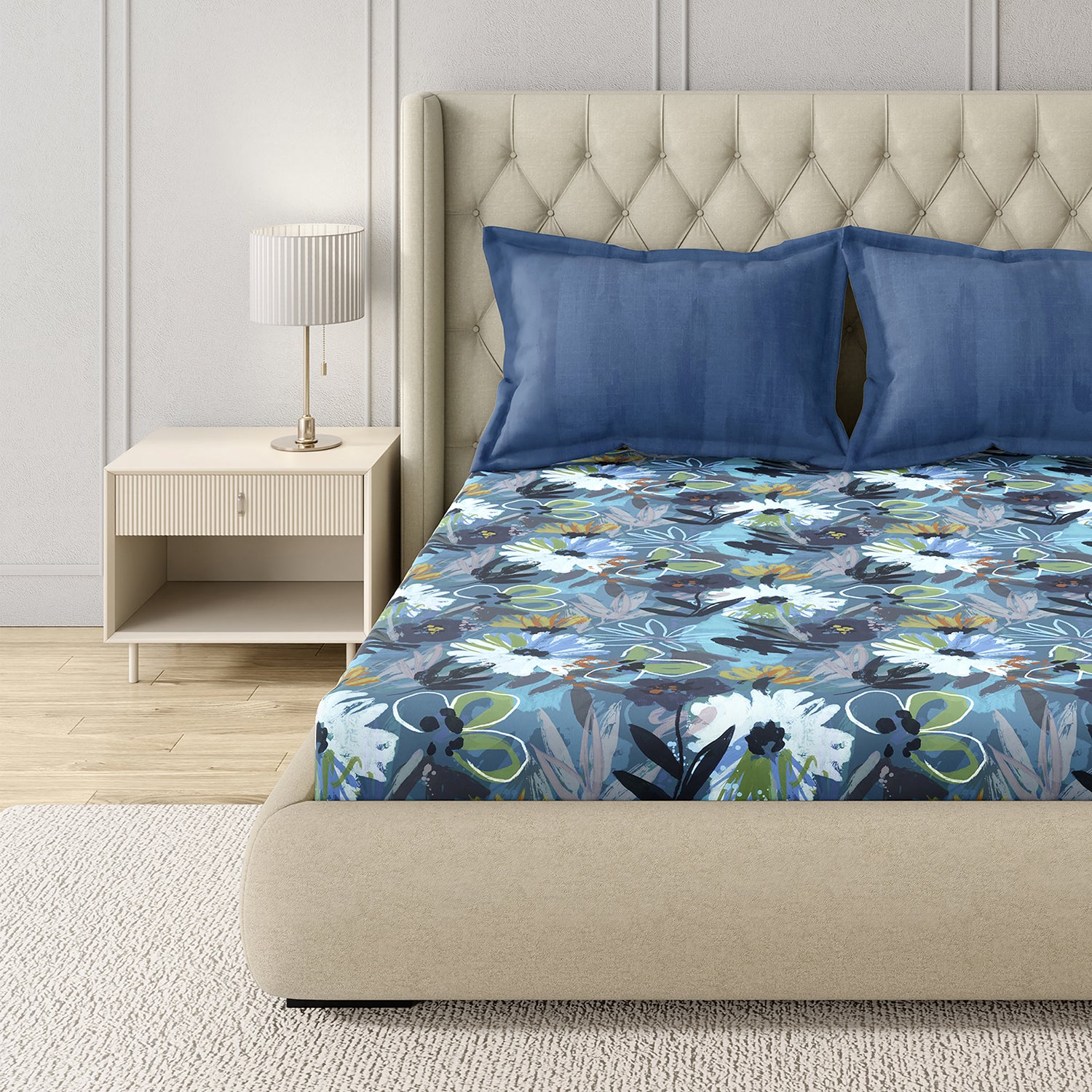 GM 100% Cotton Blue Digital Printed 122TC King Size Bedsheet | 274 x 274 cm