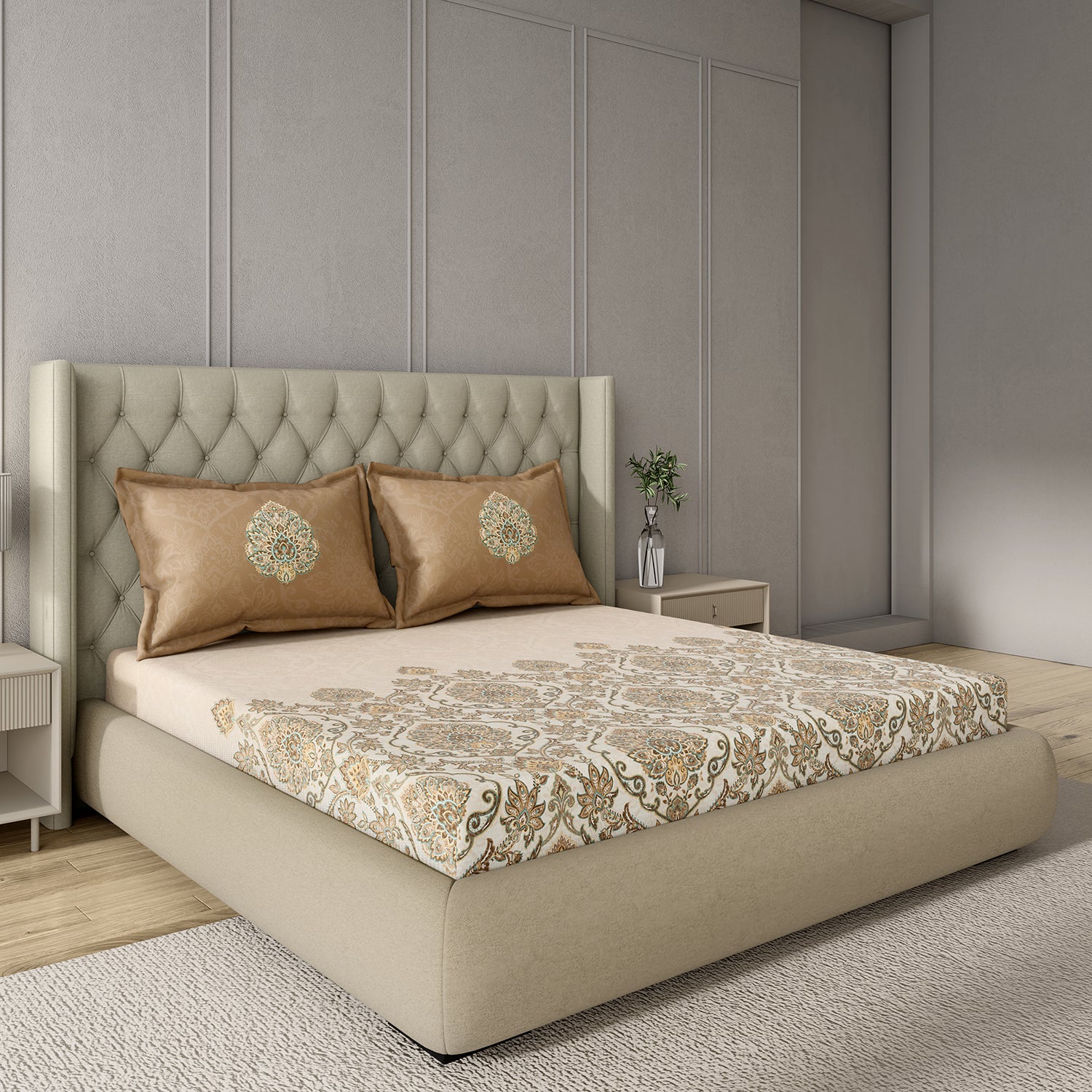 GM 100% Cotton Beige Digital Printed 122TC King Size Bedsheet | 274 x 274 cm