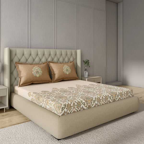 GM 100% Cotton Beige Digital Printed 122TC King Size Bedsheet | 274 x 274 cm dimensions