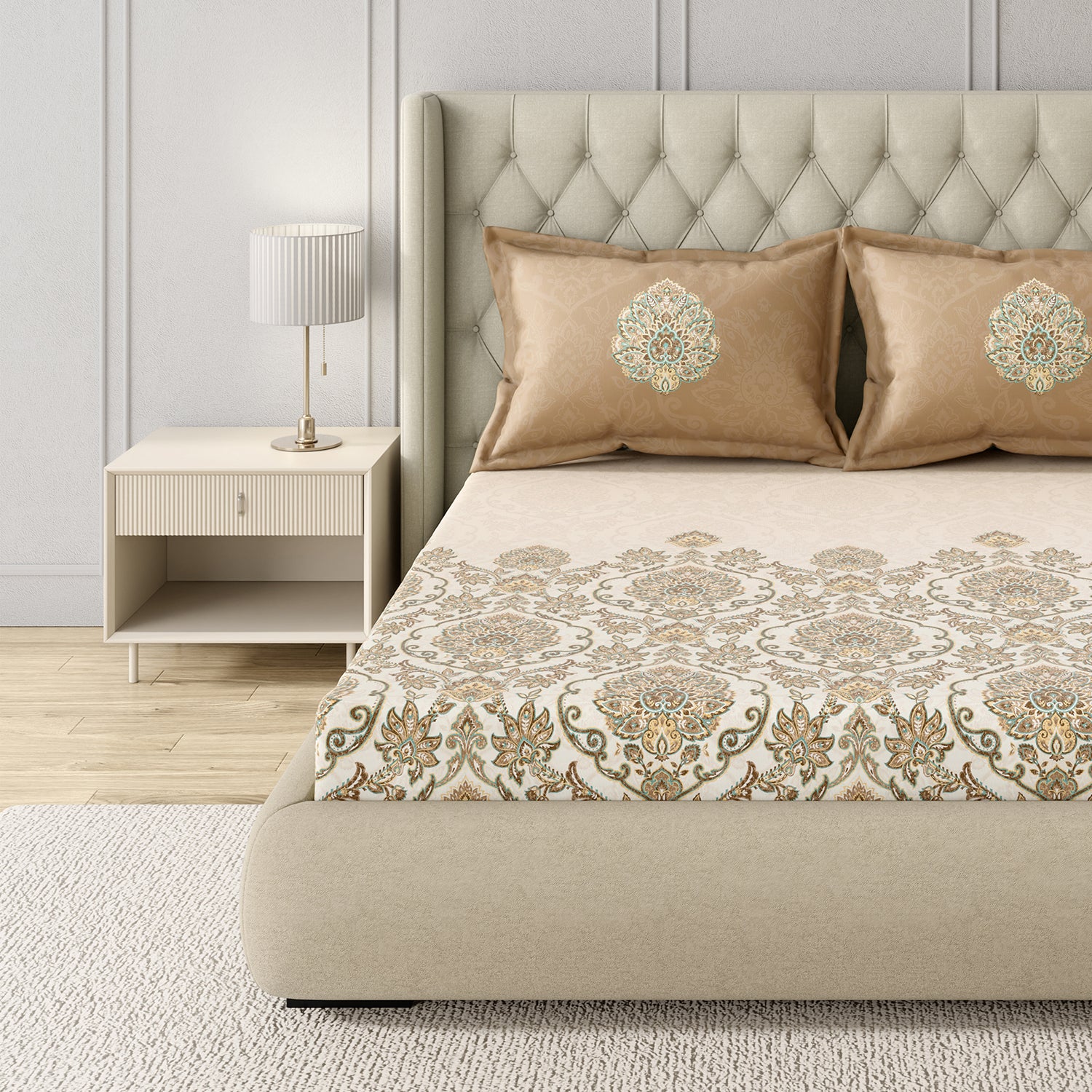 GM 100% Cotton Beige Digital Printed 122TC King Size Bedsheet | 274 x 274 cm