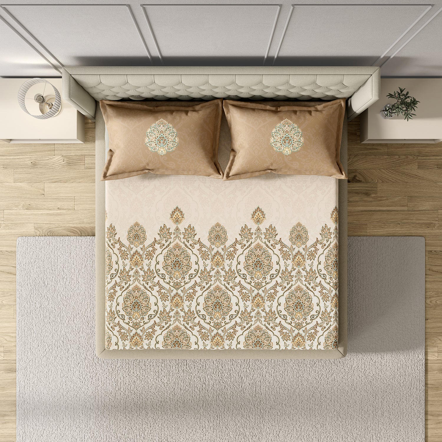 GM 100% Cotton Beige Digital Printed 122TC King Size Bedsheet | 274 x 274 cm