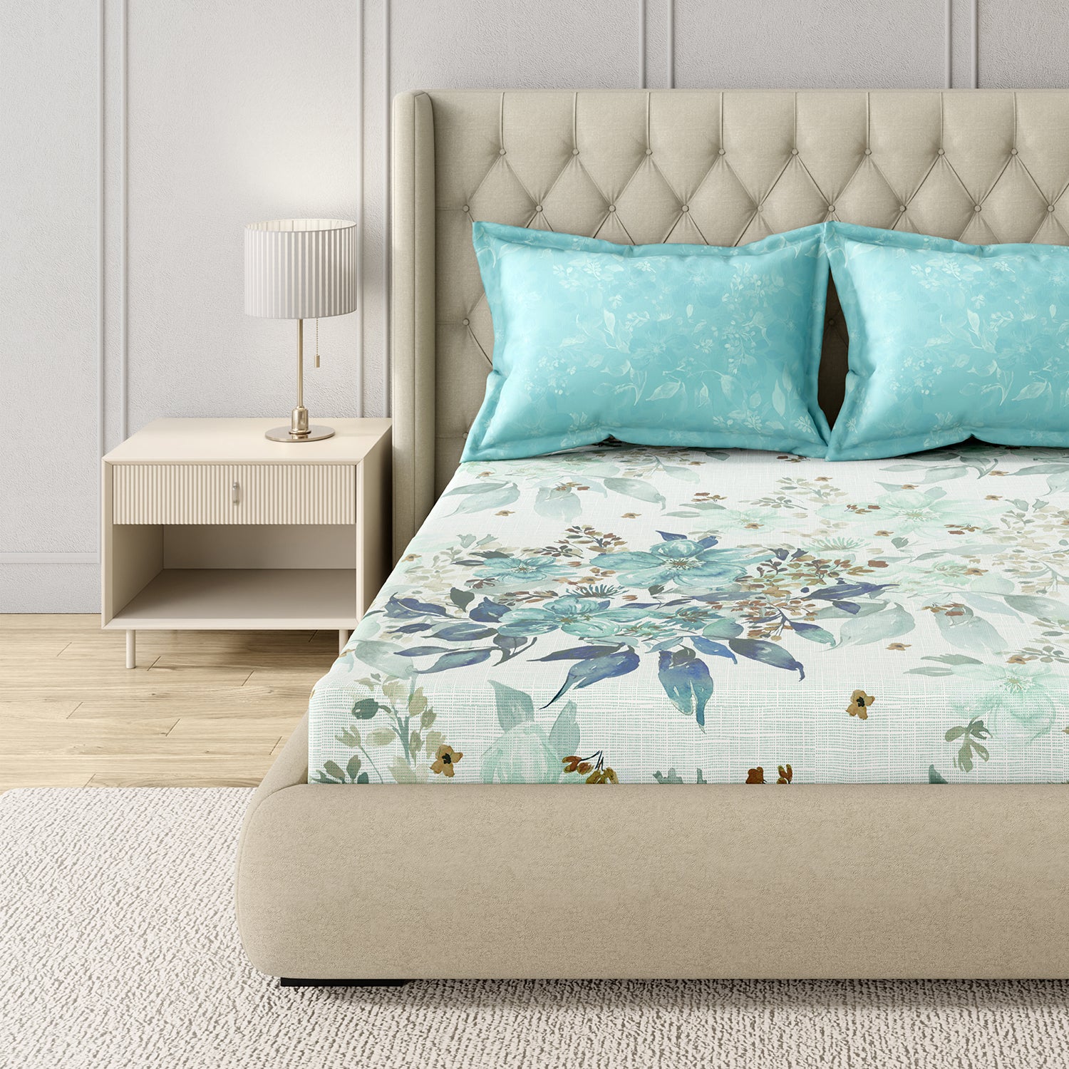 GM 100% Cotton Aqua Blue Digital Printed 122TC King Size Bedsheet | 274 x 274 cm