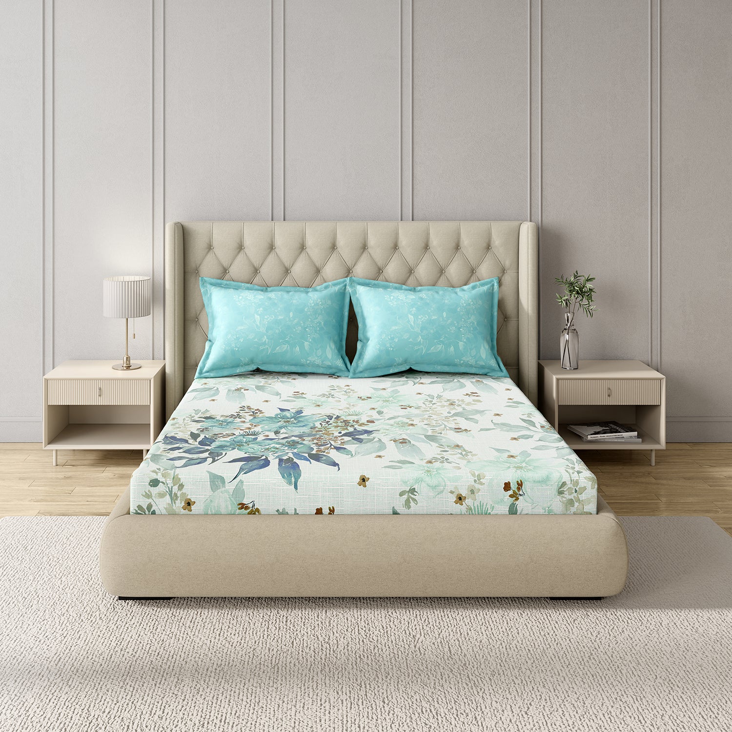 GM 100% Cotton Aqua Blue Digital Printed 122TC King Size Bedsheet | 274 x 274 cm