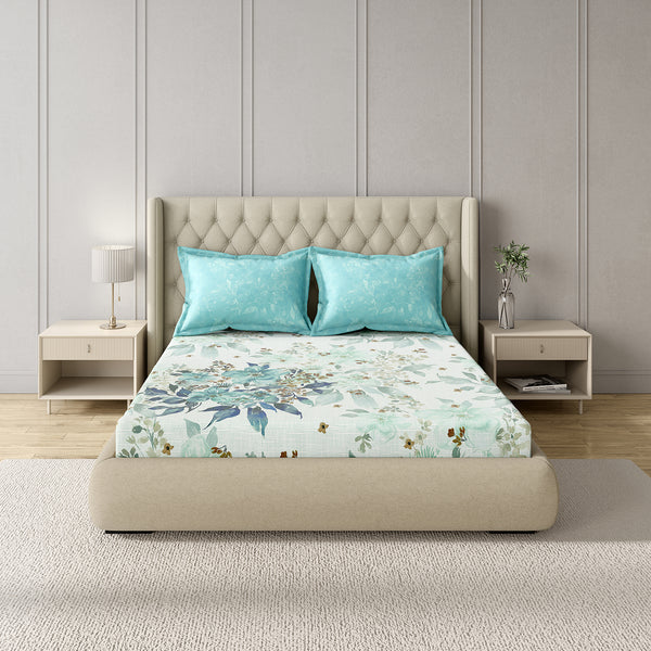 GM 100% Cotton Aqua Blue Digital Printed 122TC King Size Bedsheet | 274 x 274 cm dimensions