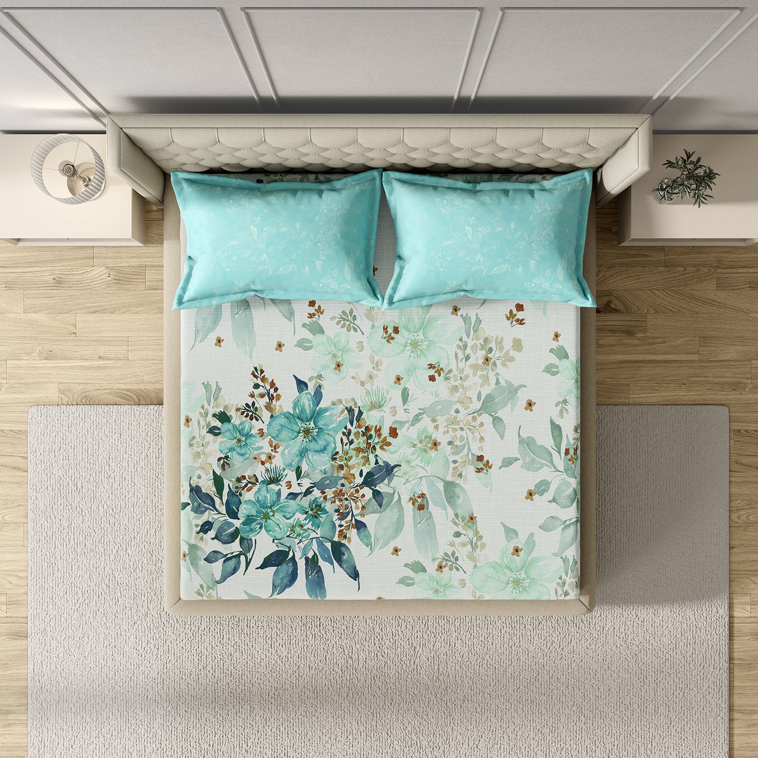 GM 100% Cotton Aqua Blue Digital Printed 122TC King Size Bedsheet | 274 x 274 cm