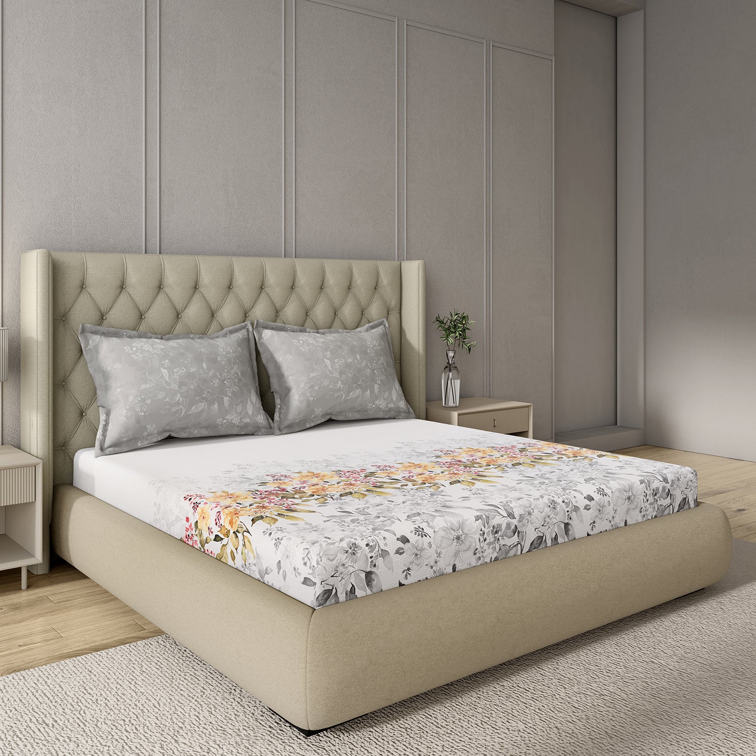 GM 100% Cotton Grey Digital Printed 122TC King Size Bedsheet | 274 x 274 cm