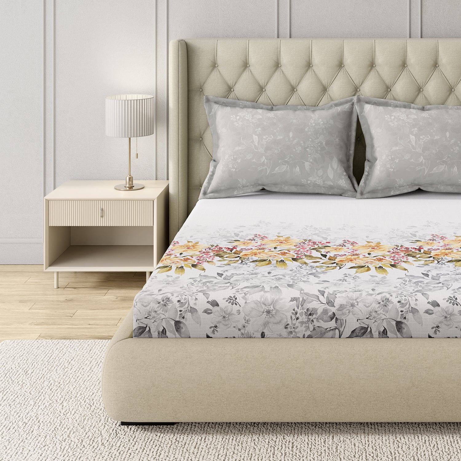 GM 100% Cotton Grey Digital Printed 122TC King Size Bedsheet | 274 x 274 cm