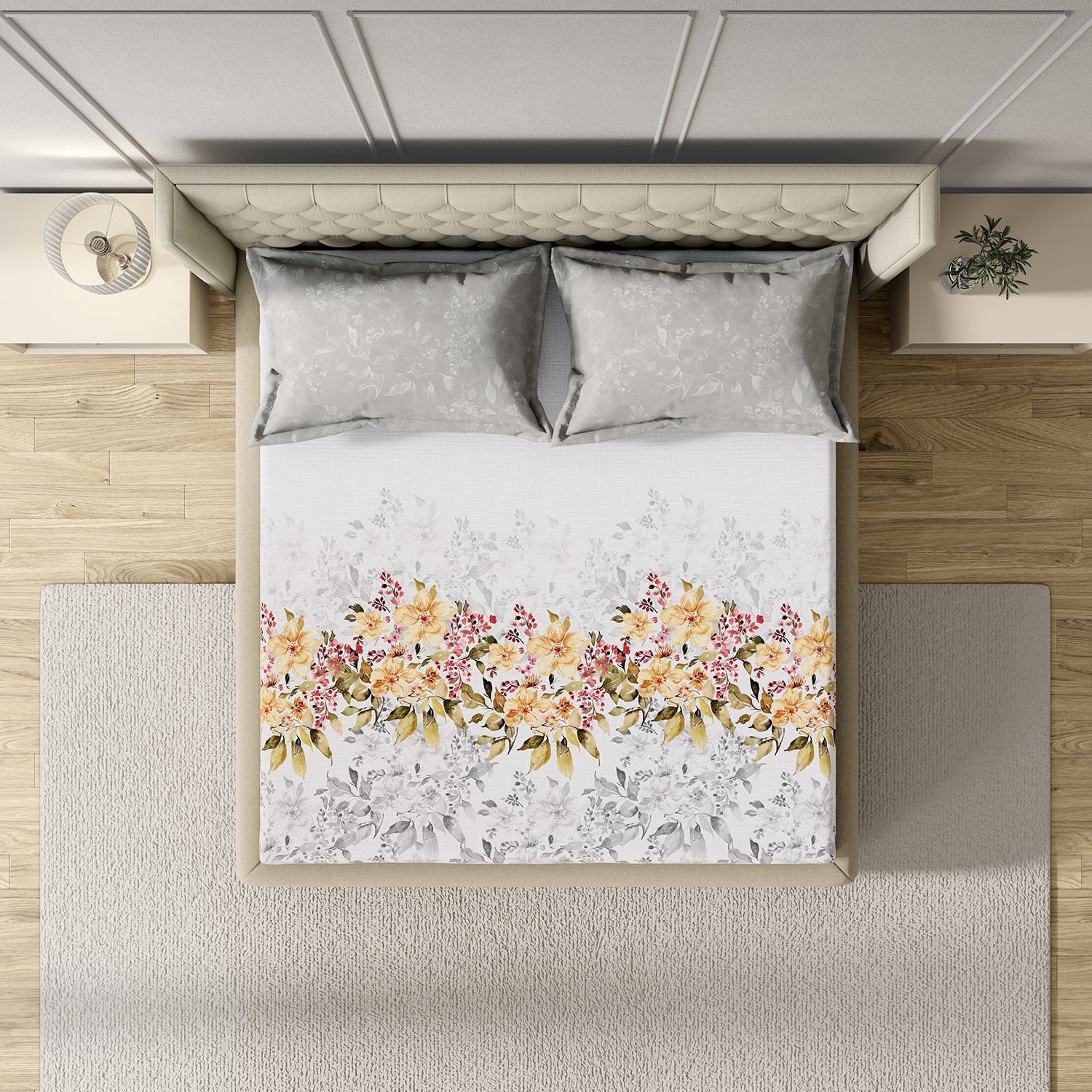 GM 100% Cotton Grey Digital Printed 122TC King Size Bedsheet | 274 x 274 cm