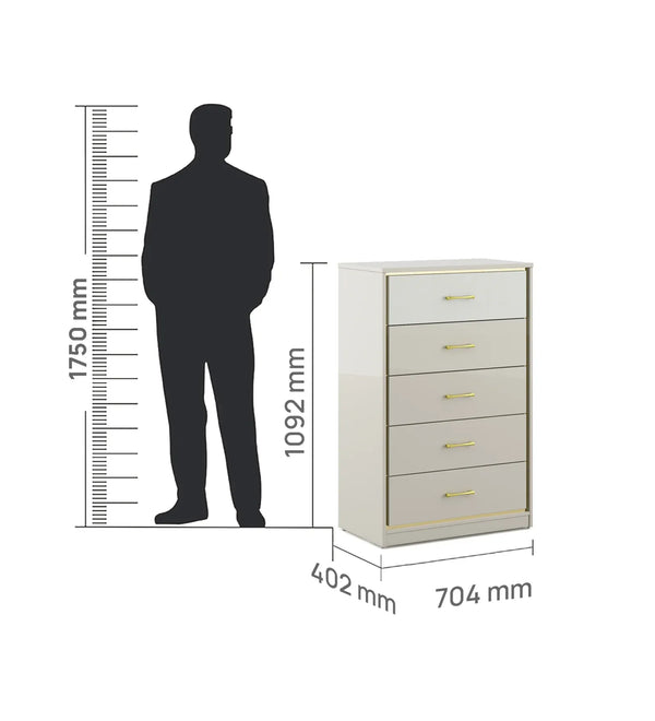 Stellar Chest of 5 Drawers in High Gloss White Colour dimensions